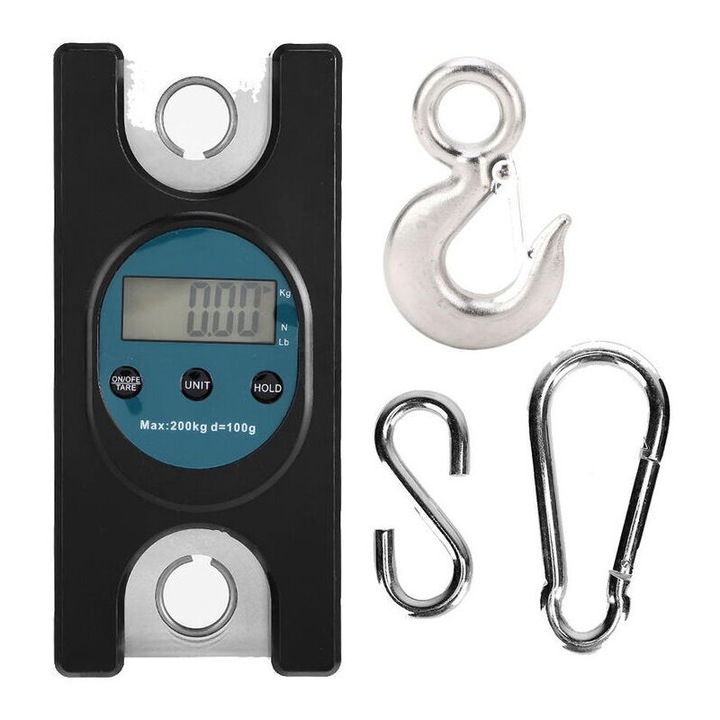 Cantar electronic pentru sarcini, 200 kg, display LCD, carlig din otel inoxidabil, 2T, dimensiuni 15x6.5x3.3cm