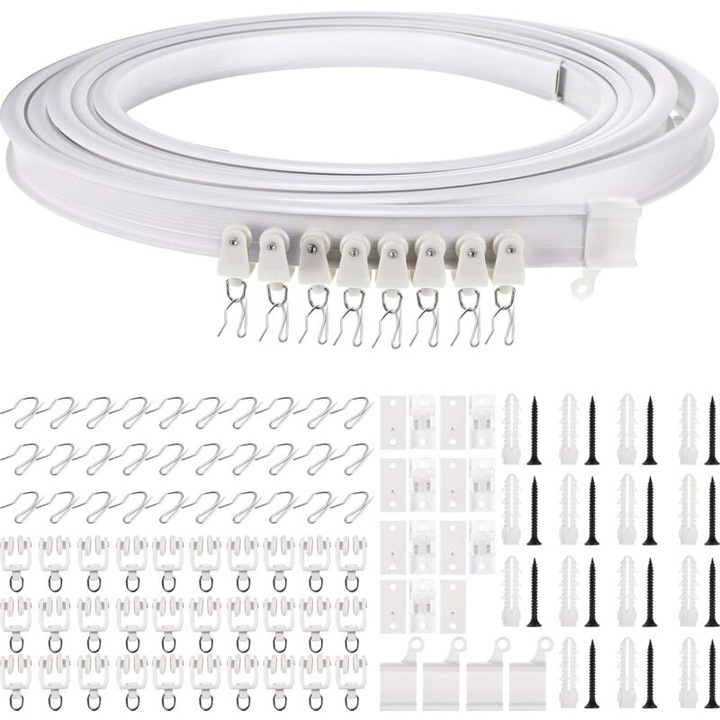 Sistem de suport perdele, 5 metri, alb, cu 30 rotite si 30 carlige, pentru separare camere