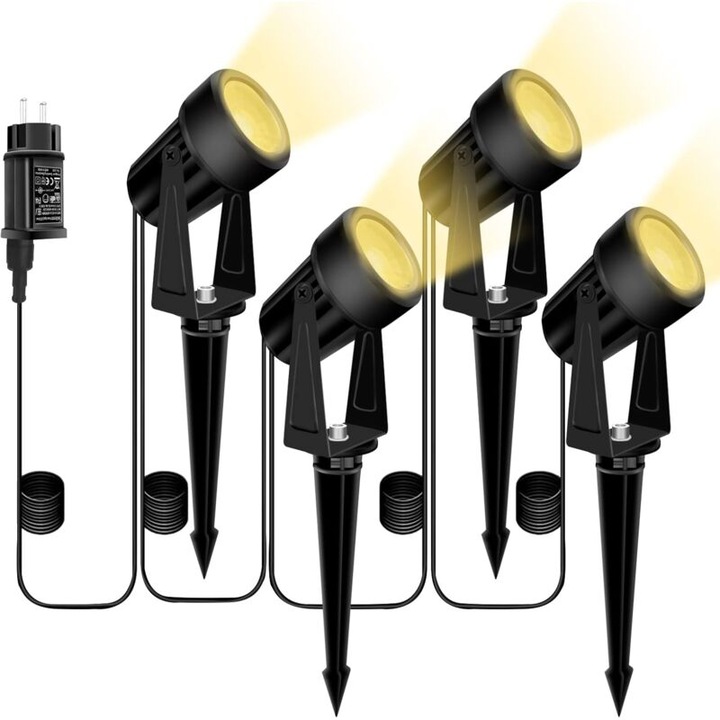 Spoturi LED exterioare, set de 4 lumini, 12V, 2700K alb cald, cablu 5M, rezistente la apa IP66