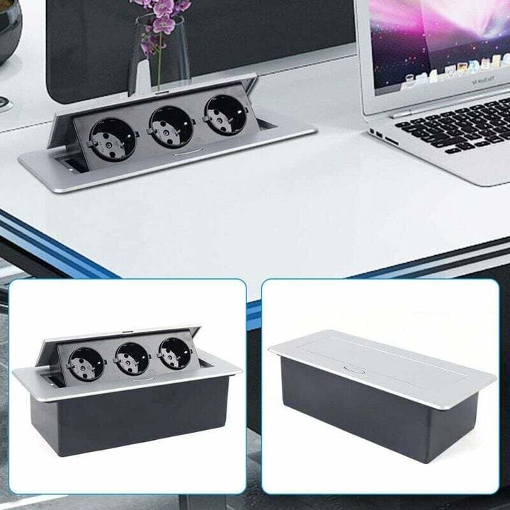 Priza retractabila cu 3 stecheri Schuko pentru montaj pe blatul de lucru, masa sau podea, design compact