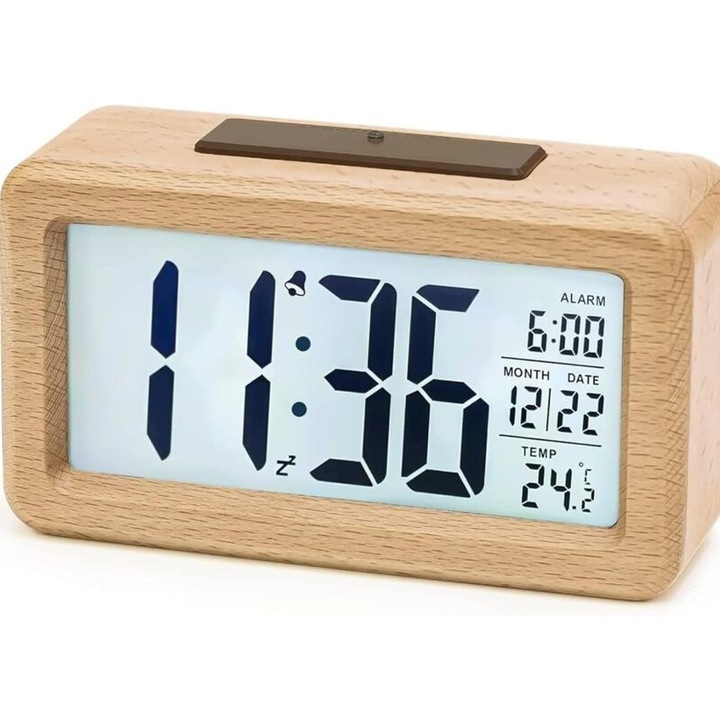 Ceas desteptator digital din lemn, ecran LCD mare, functie snooze