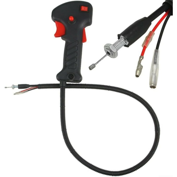 Maner comutator pentru motocoasa, 19 mm, plastic negru, cablu de eliberare a acceleratiei, 80 cm