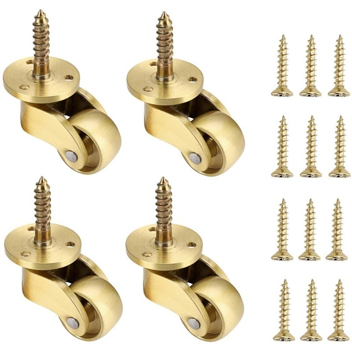 Set 4 roti din alama pentru mobila, capacitate de incarcare 75kg, design compact, rotire 360 grade