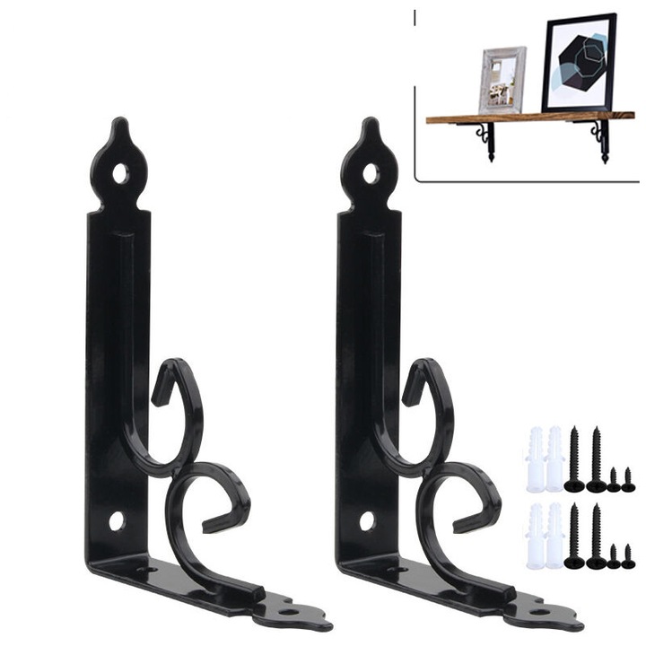 Set 2 Suporturi pentru rafturi, metalice, design vintage, negru