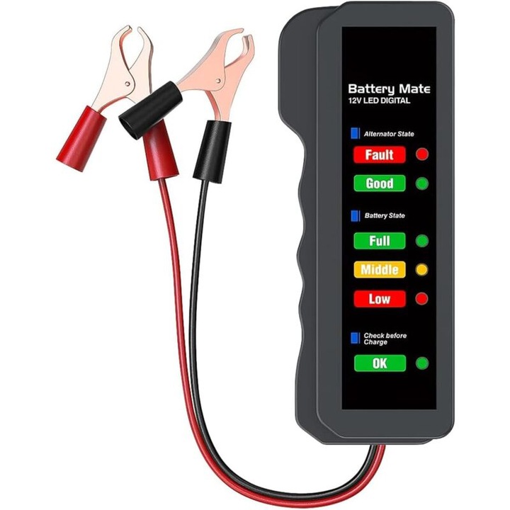 Tester baterie auto 12V, analizor alternator, Indicator LED, design durabil