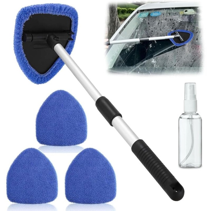 Perie pentru curatarea parbrizului, cu maner telescopic, 4 pad-uri lavabile, albastra, set complet