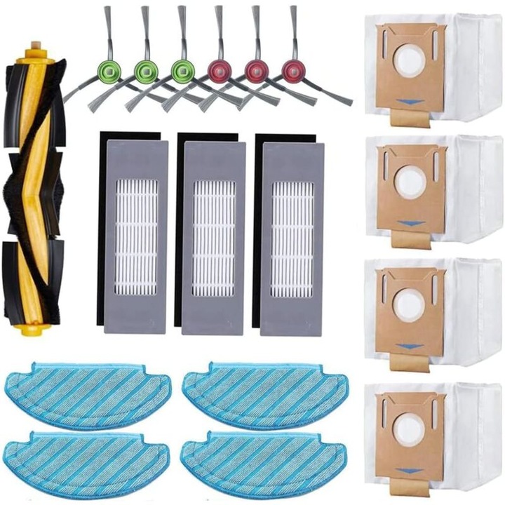 Set de 18 accesorii de schimb pentru aspiratoare Ecovacs Deebot N8/N8+/N8 Pro/N8 Pro+/OZMO T8/T8+/T8 AIVI/T8 AIVI+/T9/T9+, 4 lavete, 3 filtre, 4 saci de praf, 1 perie principala, 6 perii laterale