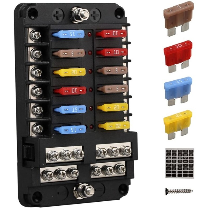 Cutie de sigurante auto 12V, 12 cai, indicator LED, cu capac transparent, set complet