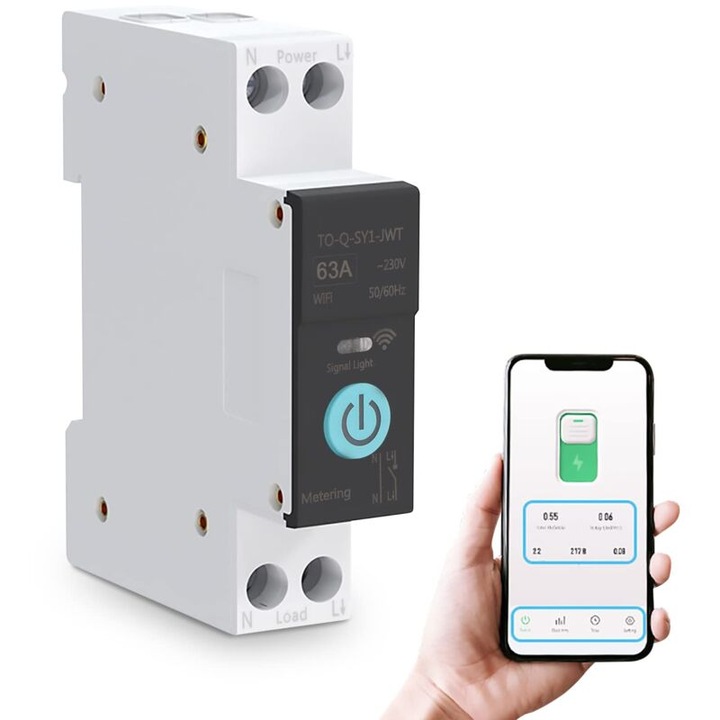 Intrerupator DIN, 1P+N, 63A, control de la distanta, 3 moduri de temporizare, negru, 82x68x18mm