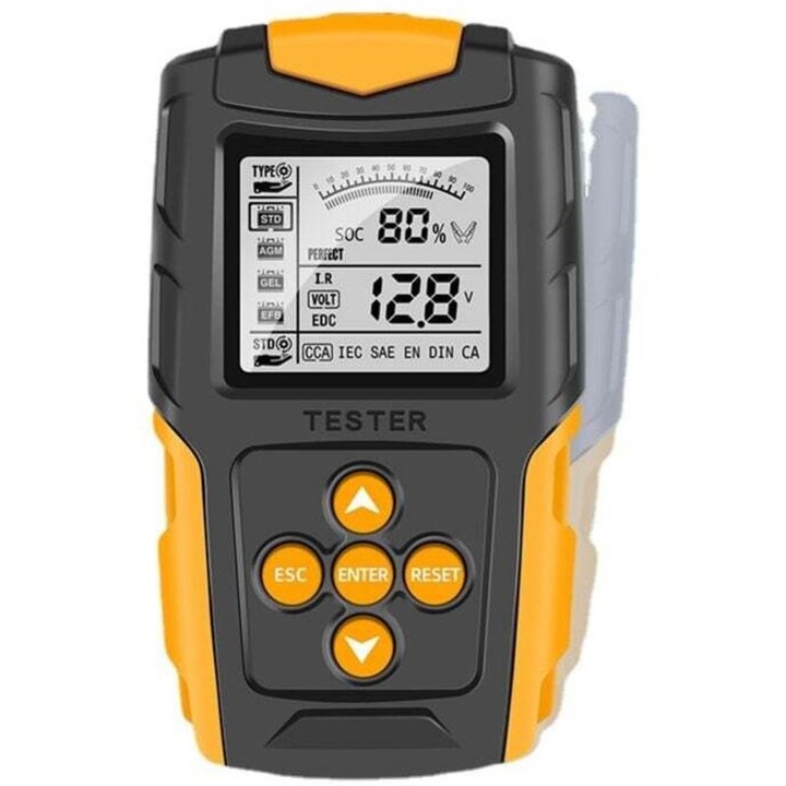 Tester auto 12V/24V pentru baterii, diagnosticare LCD, detectare SOC/SOH, 12x6x3cm