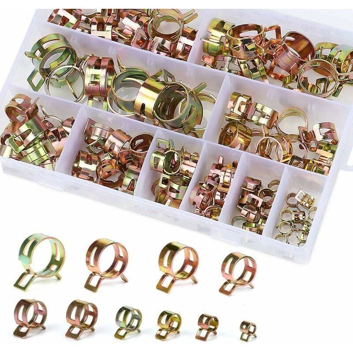 Set de 100 cleme cu arc pentru furtun, 6-22 mm, din otel galvanizat, cutie de depozitare