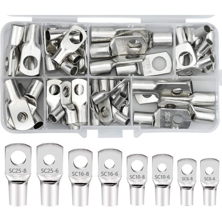 Set 60 buc. terminale cu inel de crimpare din cupru staniu, dimensiuni variate, argintii, pentru accesorii electrice