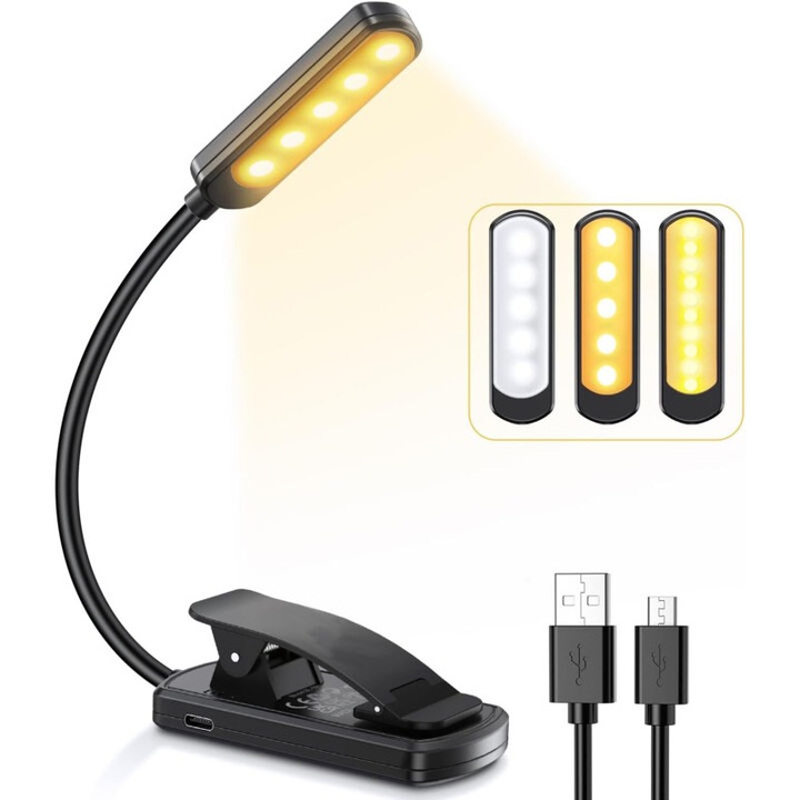 Lampa de citit cu LED-uri, 10 LED-uri, 3 culori, brat flexibil 360°, incarcabil USB, mini lampa pentru citit in pat