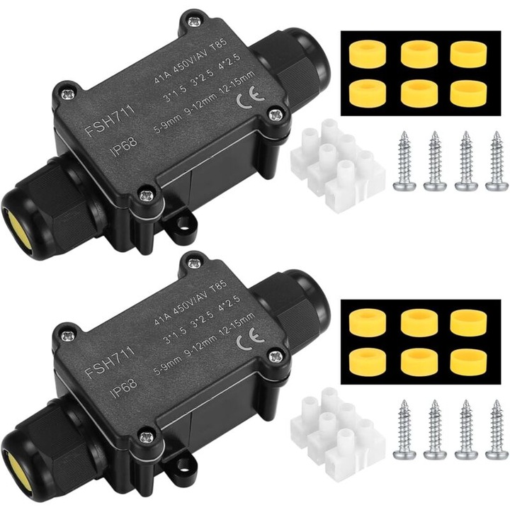 Set 2 cutii de jonctiune exterioare impermeabile IP68, conectoare cablu 2 cai, dimensiuni mici, rezistente la apa, pentru cabluri cu diametre 5-15 mm