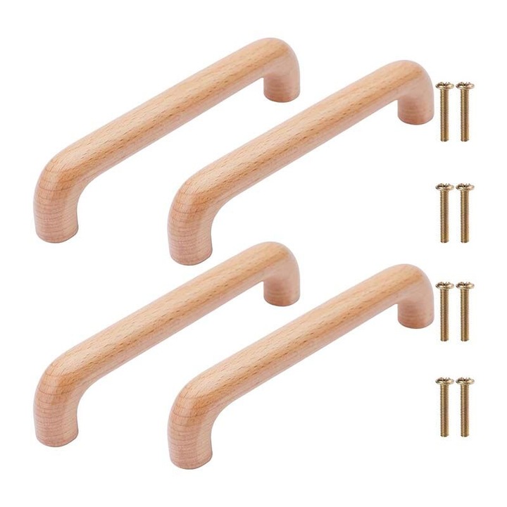 Set 4 Manere din Lemn pentru Mobila, Manere de Sertar, Manere de Usa, Lemn de Fag, 145mm, Culoare Lemn