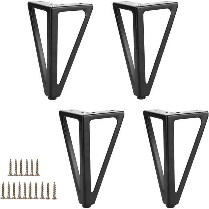 Set de 4 picioare metalice negre pentru mobilier, 15cm, cu suruburi, capacitate 800kg