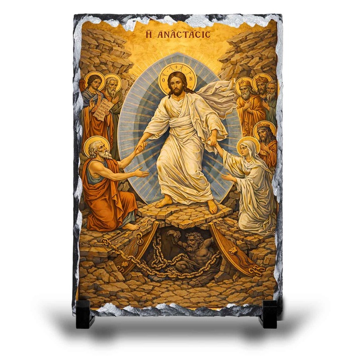 Icoană religioasă, Invierea Domnului, piatră naturală ardezie, 20x15 cm, cu suport