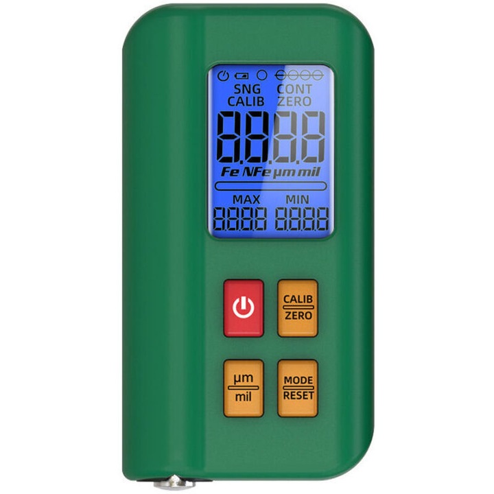 Tester de grosime vopsea, 0-1500m, detectare automata Fe/NFe, display triplu, cu baterie reincarcabila, set cu husa de transport