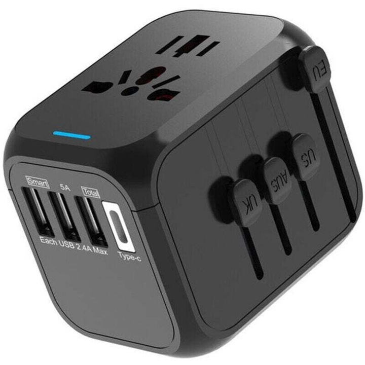 Adaptor de calatorie universal, 4 prize, 3 USB + Type-C, 65x50x56mm