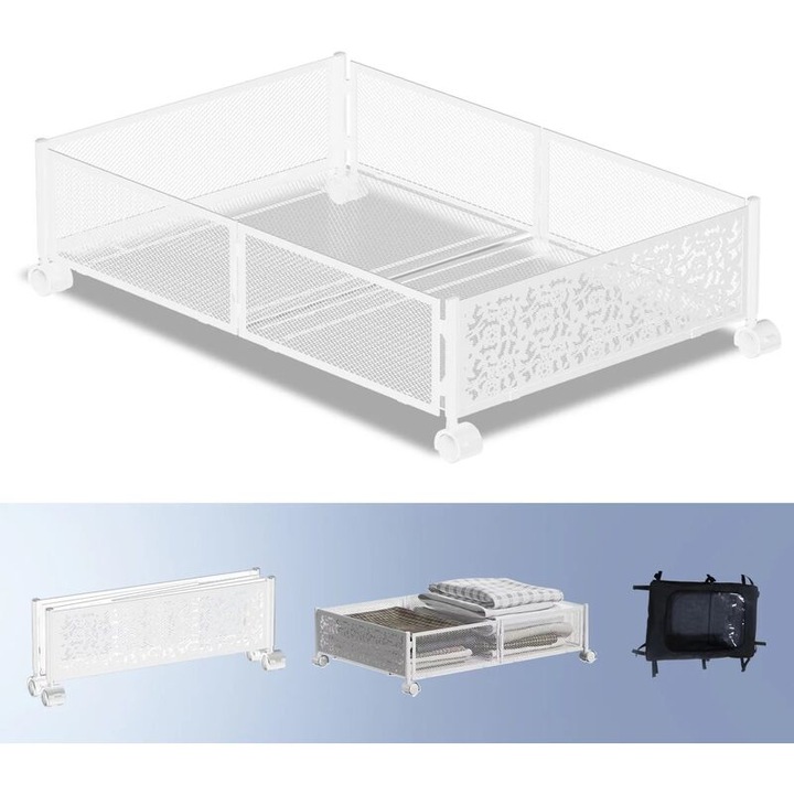 Cutie depozitare sub pat, set 2 buc, metal, roti, capacitate mare, alb, 60x40x15.8cm
