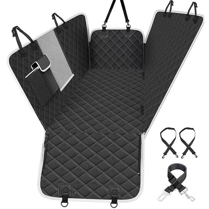 Husa auto pentru caini, 2 in 1, cu fereastra transparenta, 146x136cm, neagra, set cu curea de siguranta pentru caini