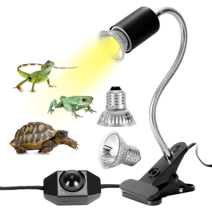 Kit lampa de caldura pentru testoase, 2 becuri UVA/UVB (25W/50W), baza lunga, rotire 360°, pentru reptile, soparle, serpi