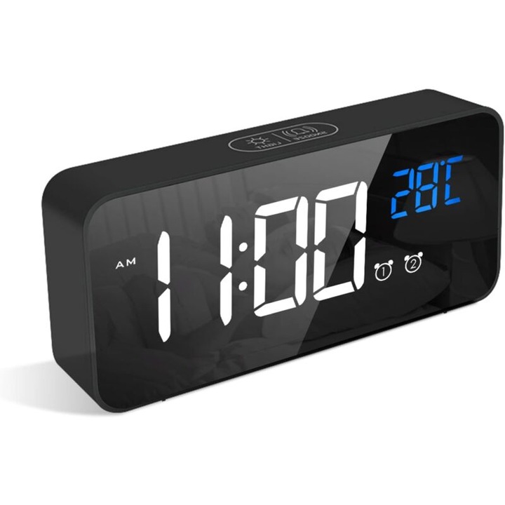 Ceas desteptator digital cu display LED, functie snooze, luminozitate ajustabila, control vocal, 12/24H, port USB, 14.5x6.5x3.2cm