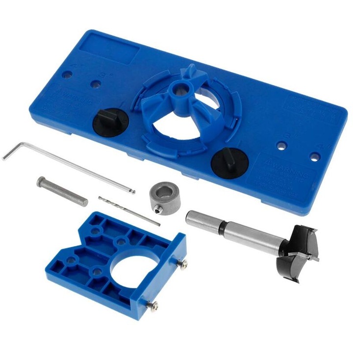 Set jig de gaurire pentru balamale invizibile 35mm cu burghiu Forstner 35mm si limitator de adancime