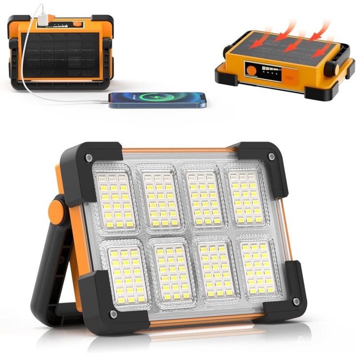 Proiector LED portabil, 4 moduri, 6000 lumeni, alimentare solara si USB, 180° maner ajustabil