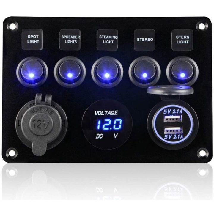 Panou comutator multifunctional, 12V/24V, cu incarcator dual USB si voltmetru digital, impermeabil IP65, pentru masina, barca, camion, RV