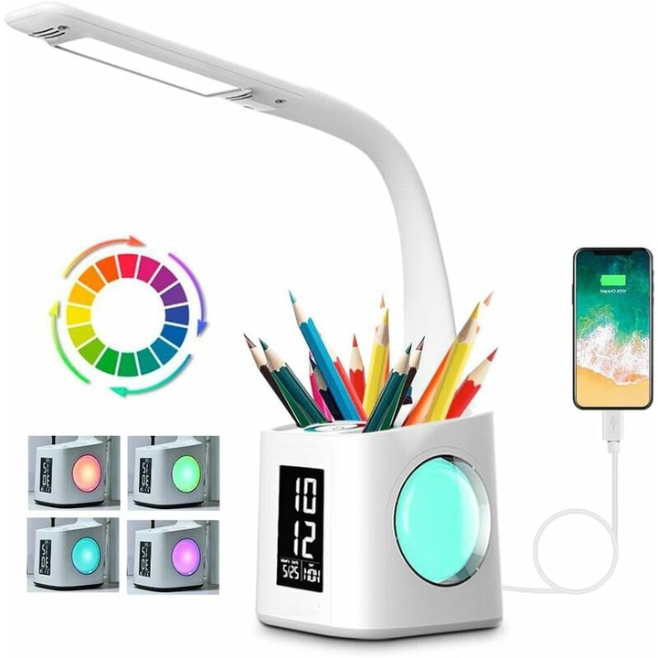Lampa multifunctionala 7 in 1, cu incarcare USB, suport pentru pixuri, 3 niveluri de luminozitate, design multicolor, dimensiuni 10W