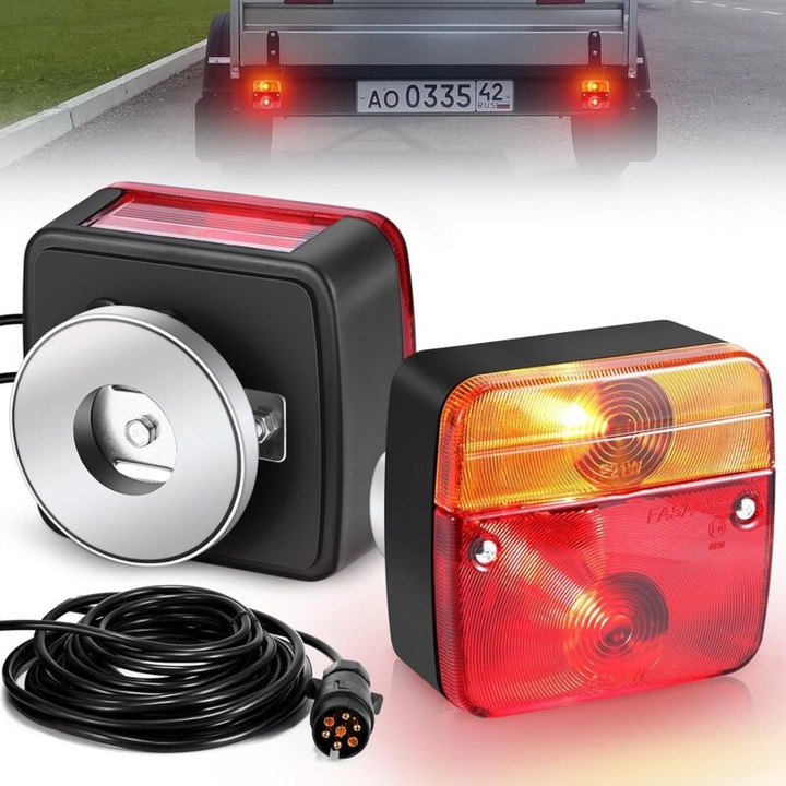 Set de 2 Lampi Magnetice pentru Remorca, 12V, Lampi de Frana, Semnalizare, cu Cablu de 7.5m, IP67, pentru Camion, Caravan, Tractor