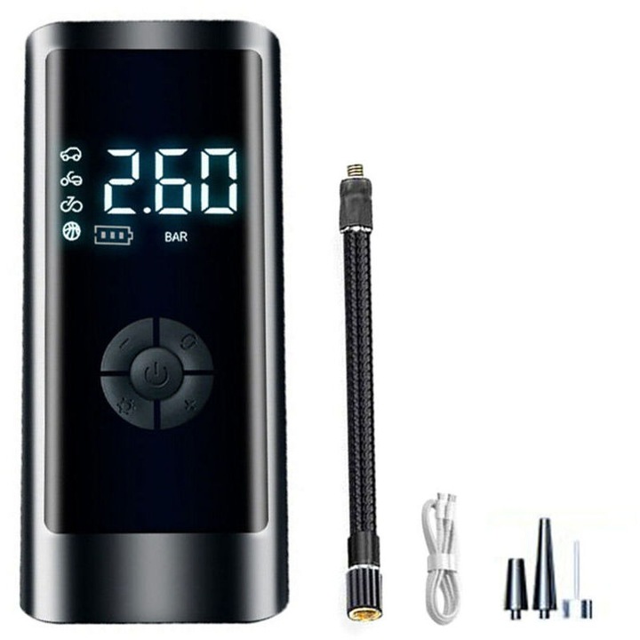 Pompa de umflat portabila, digitala, 260 psi, 120W, neagra, 20x16.5x7.5cm, set complet