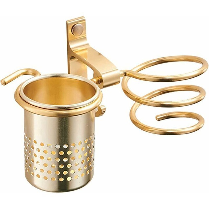 Suport pentru uscator de par cu suport pentru cana, montare pe perete, metal, auriu, 10x23cm