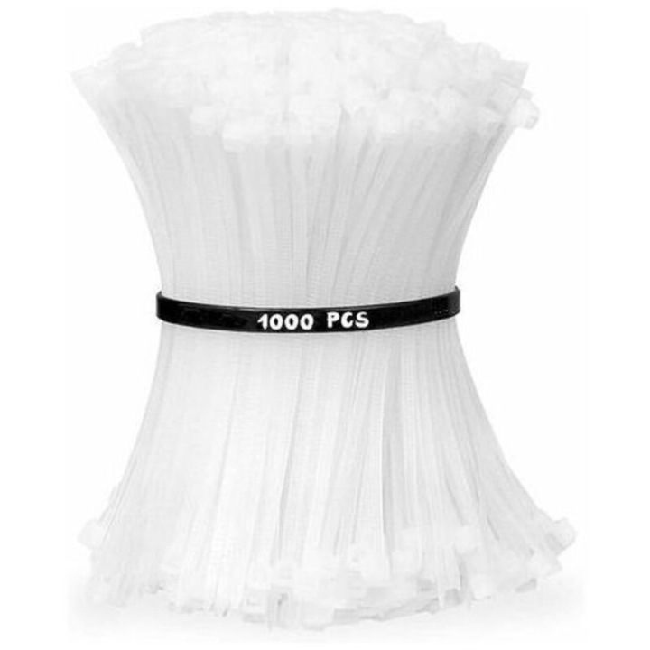 Legatori cablu din nylon alb, set 1000 buc, 100mm x 2.5mm