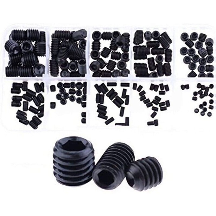 Set 200 buc suruburi hexagonale M3 M4 M5 M6 M8 din otel carbon, rezistente la rugina