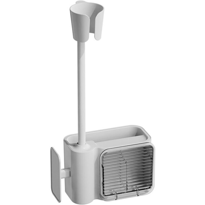 Suport pentru uscator de par, montare pe perete, ajustabil 360°, cu compartimente de stocare, fara gaurire