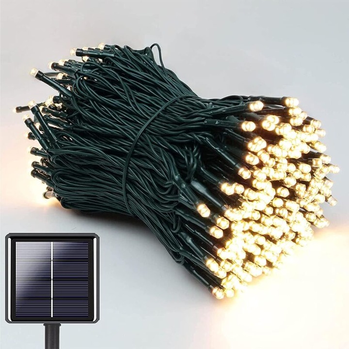 Lampi solare decorative, 22m, 200 LED, 8 moduri, impermeabile, alb cald