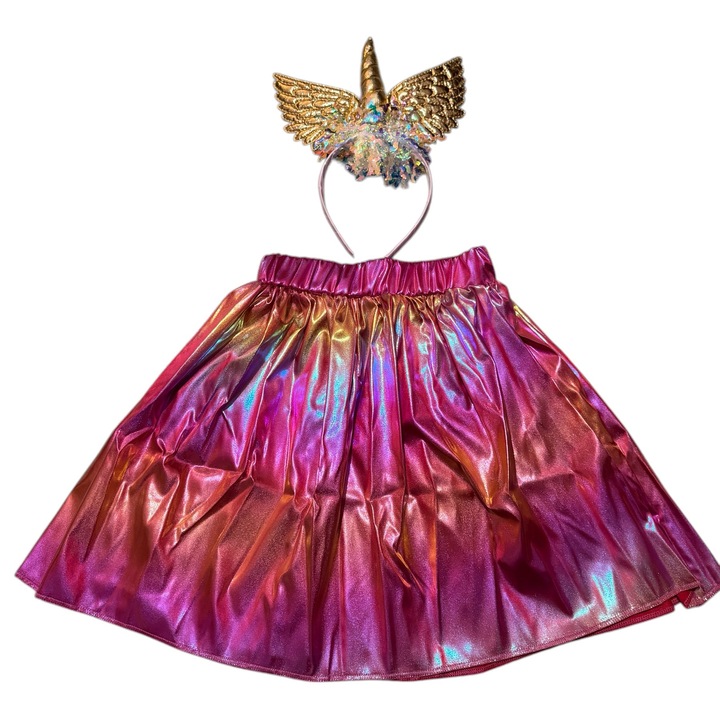 Set 2 accesorii costum unicorn, fusta si bentita, roz metalizat 4-7 ani, 105-122 cm