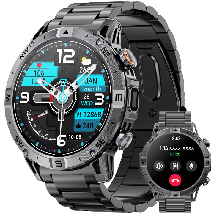 Ceas Smartwatch, Mingtawn, ZK94, 1.7 inch, 1100mAh, apeluri Bluetooth, pasometru, notificari de mesaje, asistent vocal, monitorizator de fitness, monitorizator de somn, detectie a ritmului cardiac si a oxigenului, IP68, curea dubla, negru