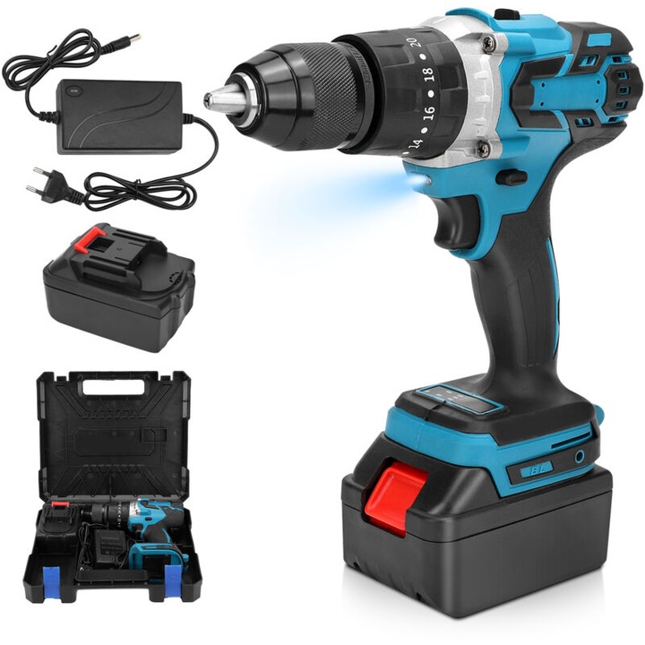 Set de masina de gaurit si insurubat electrica, 13mm, 250W, acumulator litiu, fara fir, 1 baterie, 2 viteze, pentru proiecte DIY