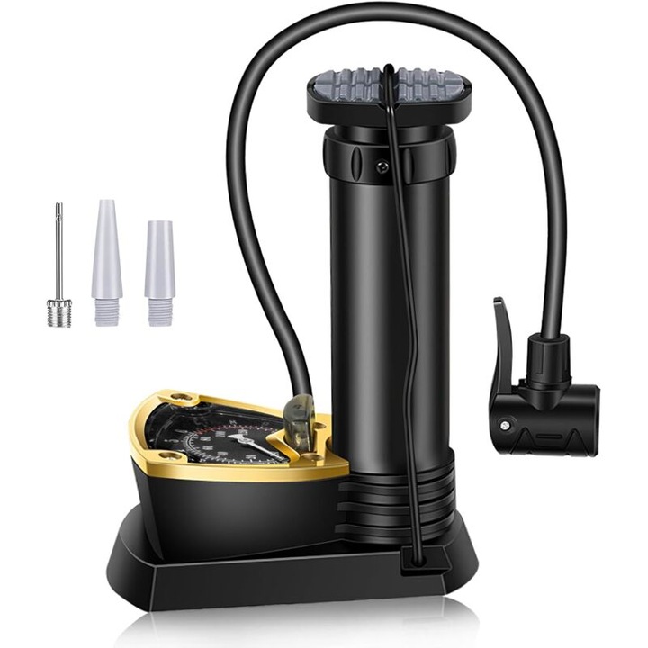 Преносима помпа за велосипед 3 в 1, с манометър 11BAR/160PSI, за вентили AV/DV/SV, комплект с 3 игли за въздух, размери 18x14.7x9.5cm