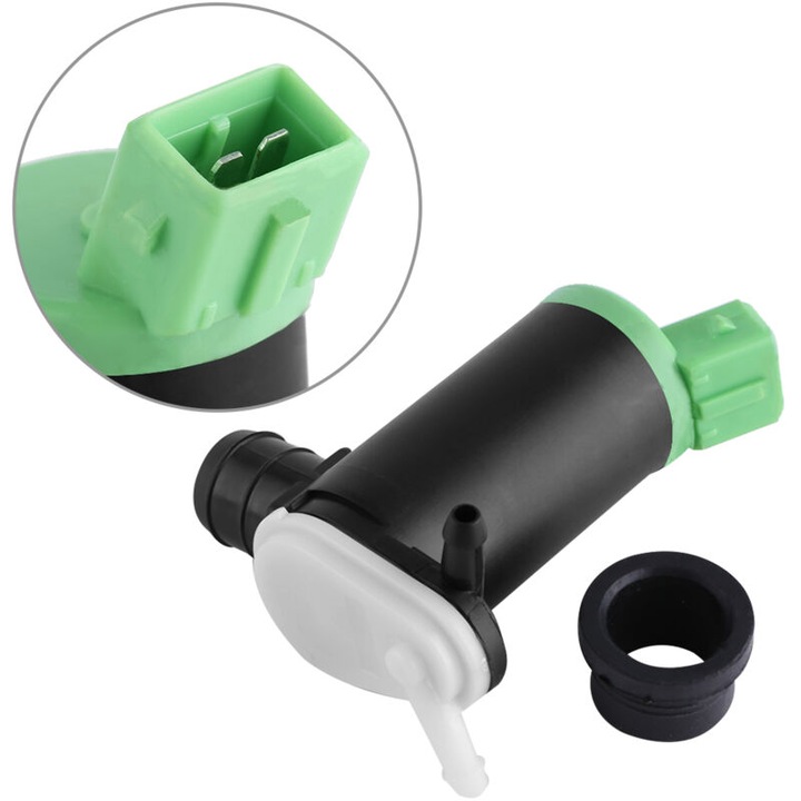Pompa spalator parbriz, 2 pini, compatibila cu Peugeot 106, 206, 306, 406, 806, material metalic, plastic, culoare neagra, verde