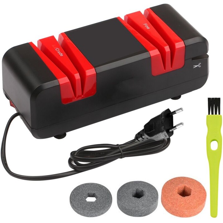 Ascutitoare electrica pentru cutite, 2 etape, neagra, set cu roti de slefuire schimbabile