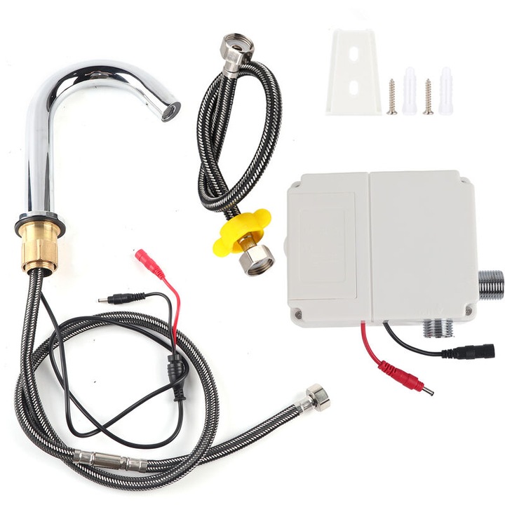 Robinet automat cu senzor, tip scurt, din inox alimentat cu baterii, cu control box, G1/2in, pentru baie