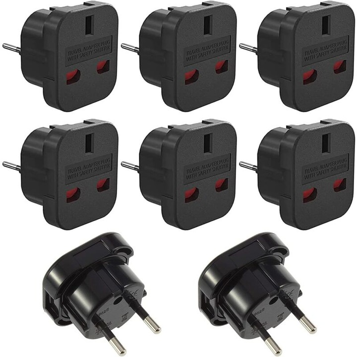 Set 8 adaptoare de priza UK la EU/FR, accesorii de calatorie, 3 pini la 2 pini, 1000W, 10A