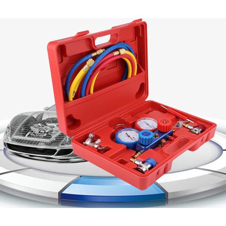R134a nyomásmérő készlet autóklímához, piros-kék-sárga, 1.5m, 2710g