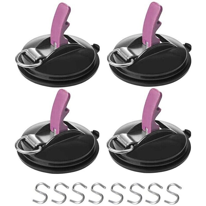 Set de 4 carlige cu ventuza pentru masina, 8 carlige S, accesorii practice pentru camping si transport, multicolor