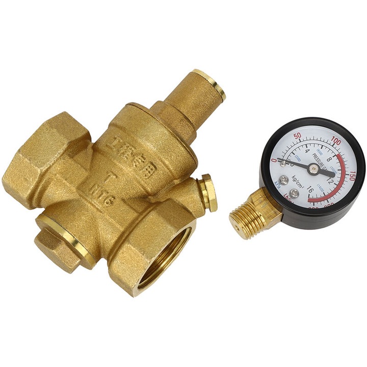 Regulator de presiune apa din alama, DN25, cu manometru, 1.6 MPa, 76x107mm