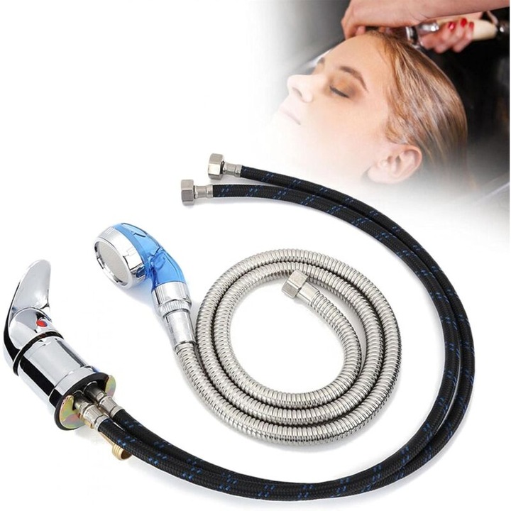 Set robinet pentru spalare par, 70cm, 120cm, albastru, aliaj de zinc